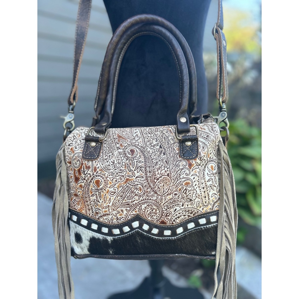 Myra Bag Katherina Cowhide Paisley Leather Fringe Western Crossbody Satchel - Picture 9 of 10